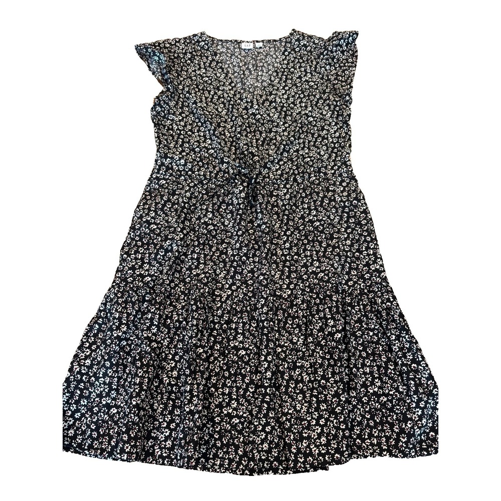 Gap V neck Rayon Ditsy Floral Cap Sleeve waist ties pockets Mini Dress Small‎